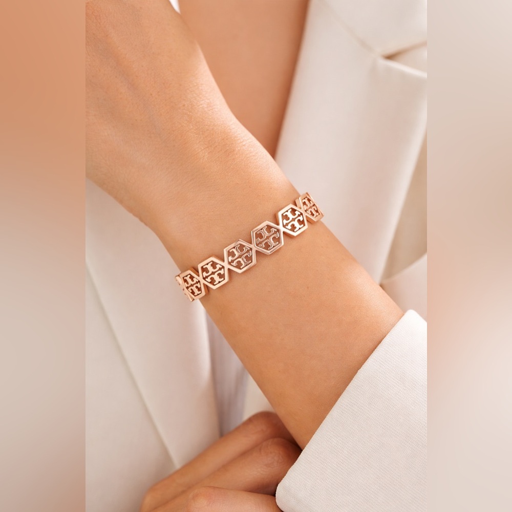 Tory Burch Hexagon Frozen Logo Cuff Bracelet Rose Gold Plated Bangle Jewelry - Picture 1 of 8
